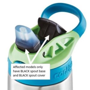 Contigo water bottle lid with a green handle and black spout cover, showing the spout mechanism.