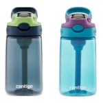 Contigo water bottle lid with a green handle and black spout cover, showing the spout mechanism.