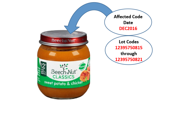 Beech-Nut Classics sweet potato and chicken jar with recall information