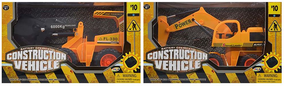Battery-operated construction vehicles in packaging