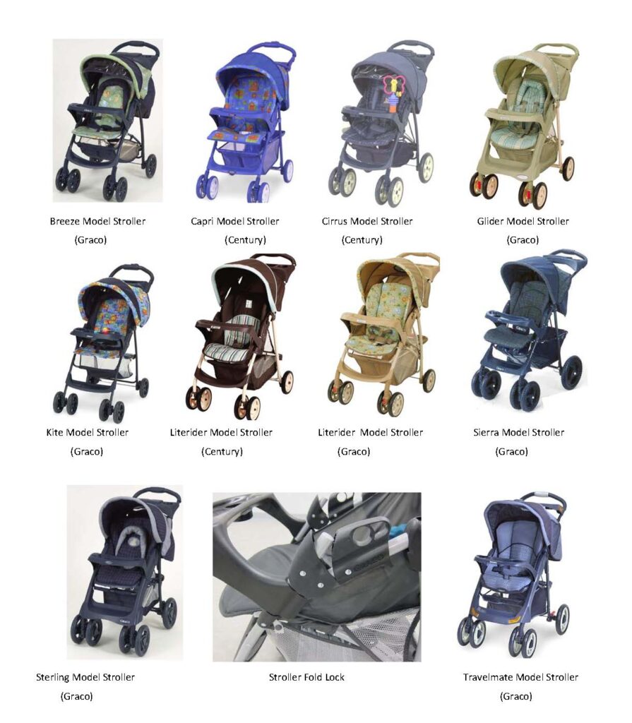 Variety of stroller models displayed for parents