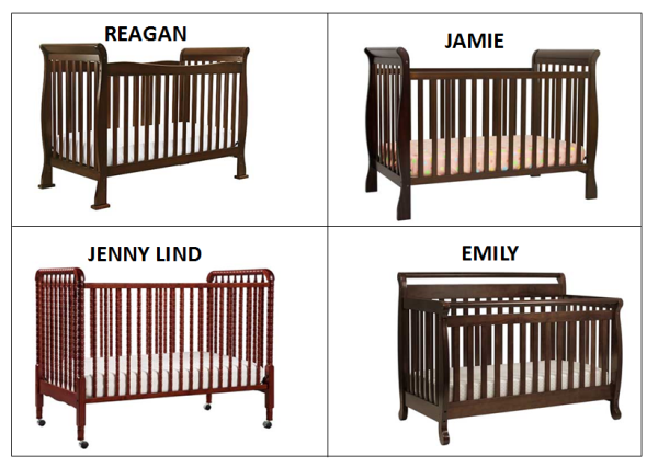 Four types of baby cribs with different designs and colors