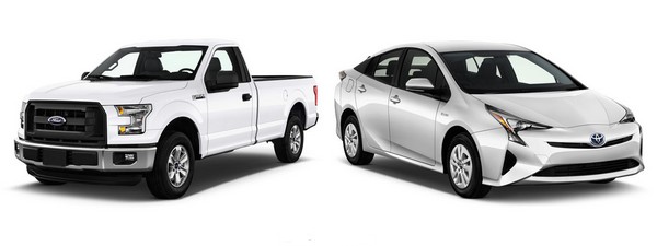 Comparison of a Ford pickup truck and a Toyota Prius hybrid car