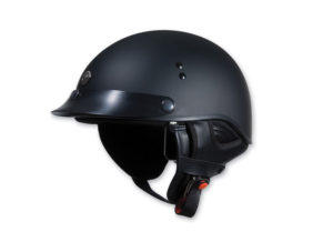 Matte black motorcycle helmet with visor and chin strap