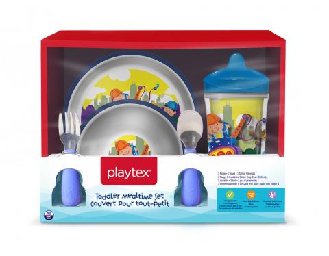 Playtex toddler mealtime set with colorful dishes and utensils