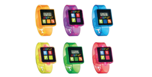 Colorful fitness watches with step tracking features displayed together.
