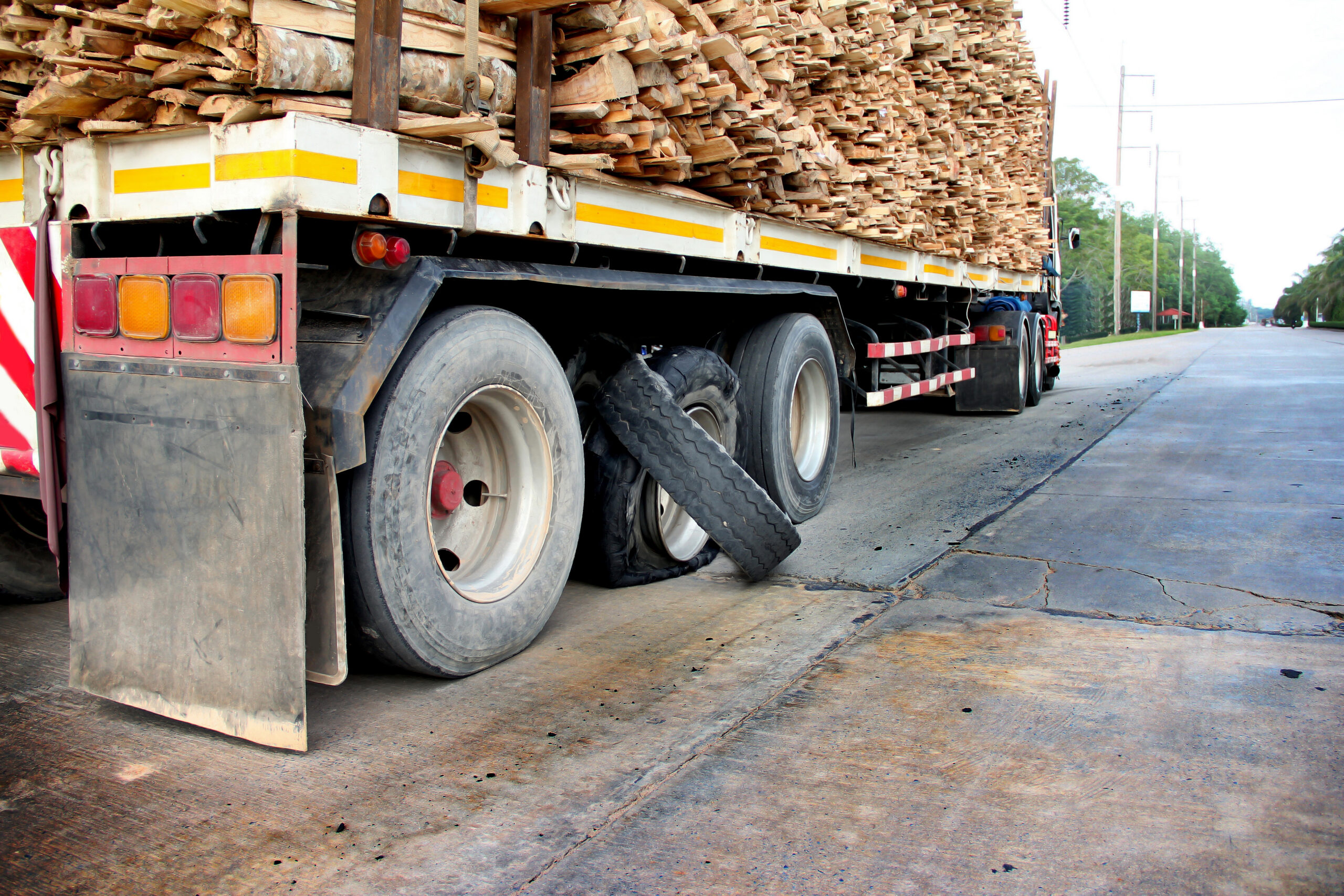 A heavily loaded flatbed truck sits roadside with a shredded tire and exposed wheel, illustrating a truck tire blowout and negligent maintenance concerns.