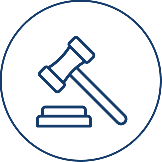 Outline illustration of a gavel and sound block in a circular design, representing legal themes.